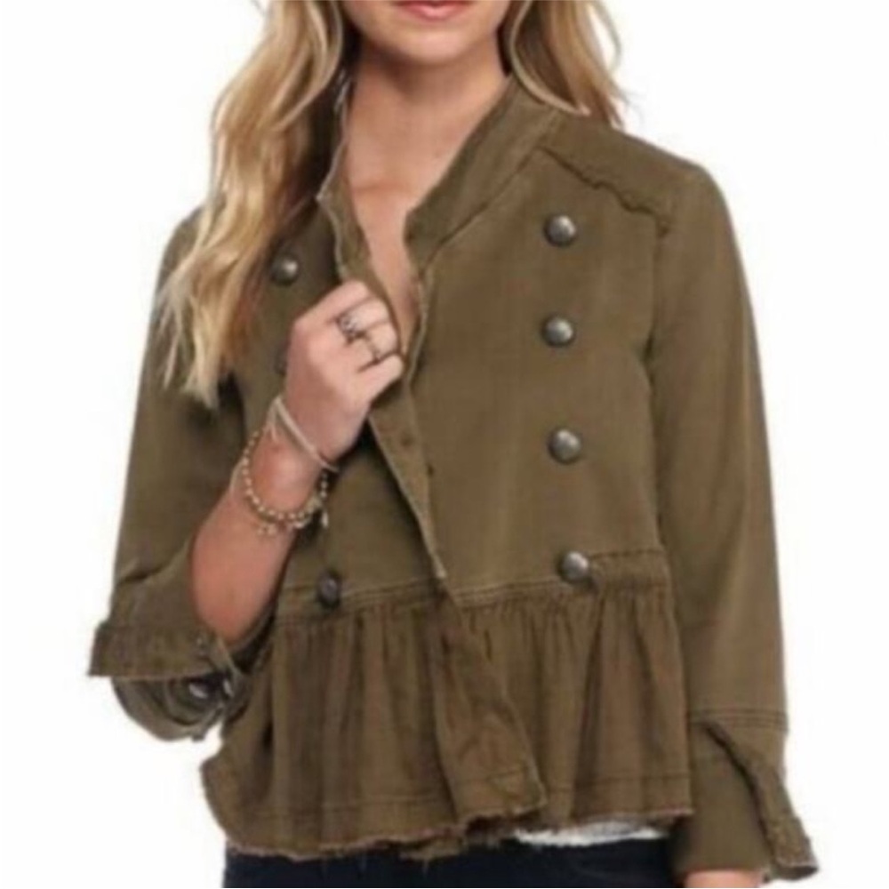 Free People | Women’s Olive Green Ruffle Hem Utility Jacket Button Accents Sz XS